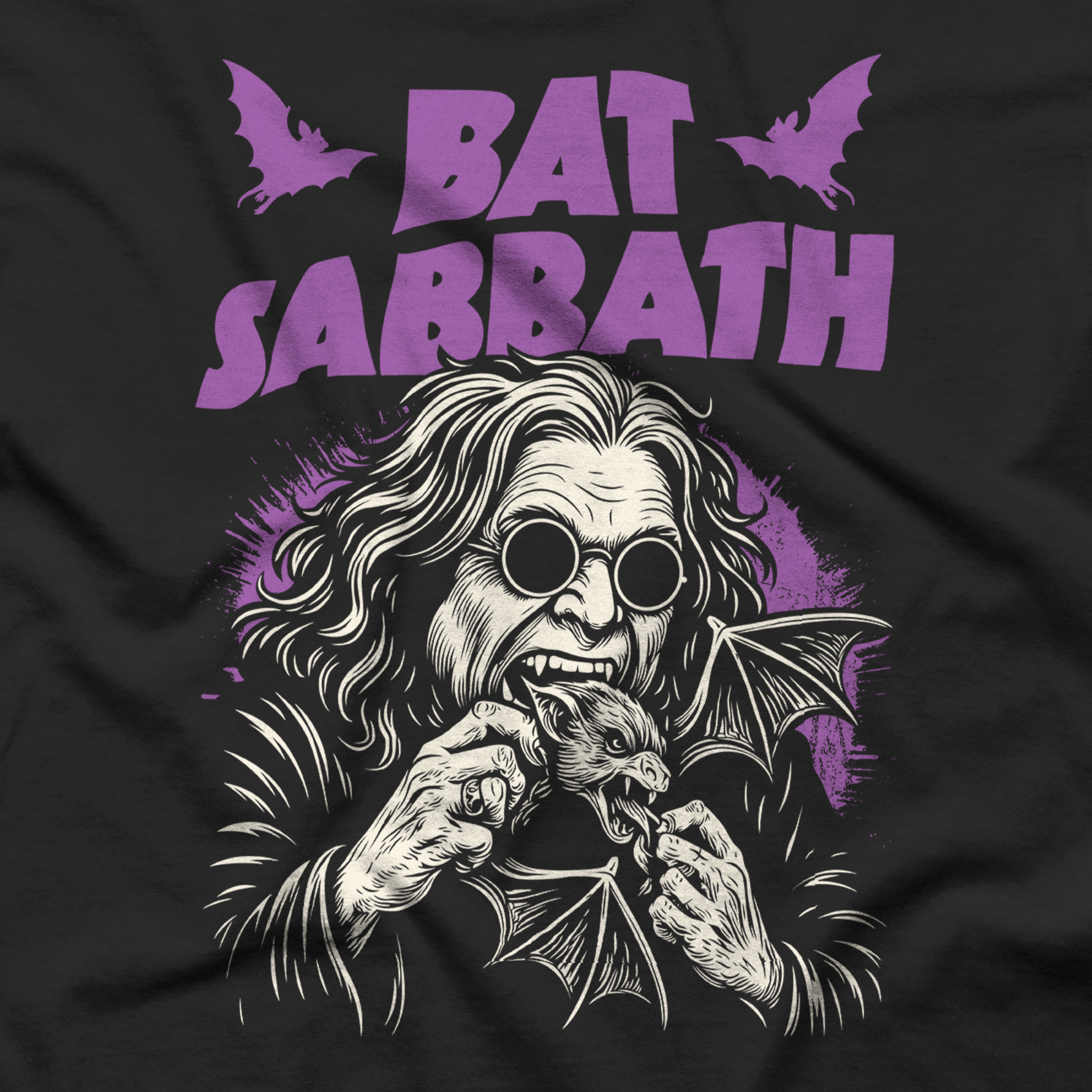 Diseño de Ozzy Osbourne mordiendo un murciélago con el texto Bat Sabbath
